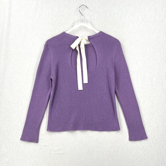 MASSIMO DUTTI Sweater Womens Medium Purple Ribbed Keyhole Tie Back Italian Yarn - Picture 2 of 13